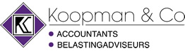 Logo koopman & co, accountants, belastingadviseurs. Donkerpaarse ruit met wit vierkant met daarbinnen een zwarte K